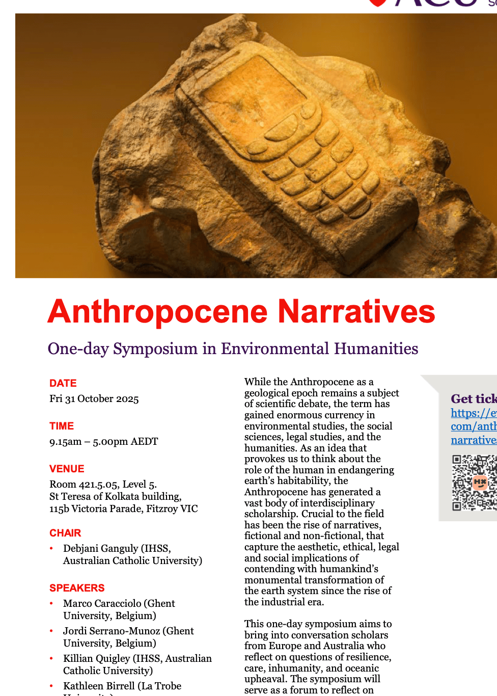 Poster for the Anthropocene Narratives symposium held at ACU on October 31, 2025.
