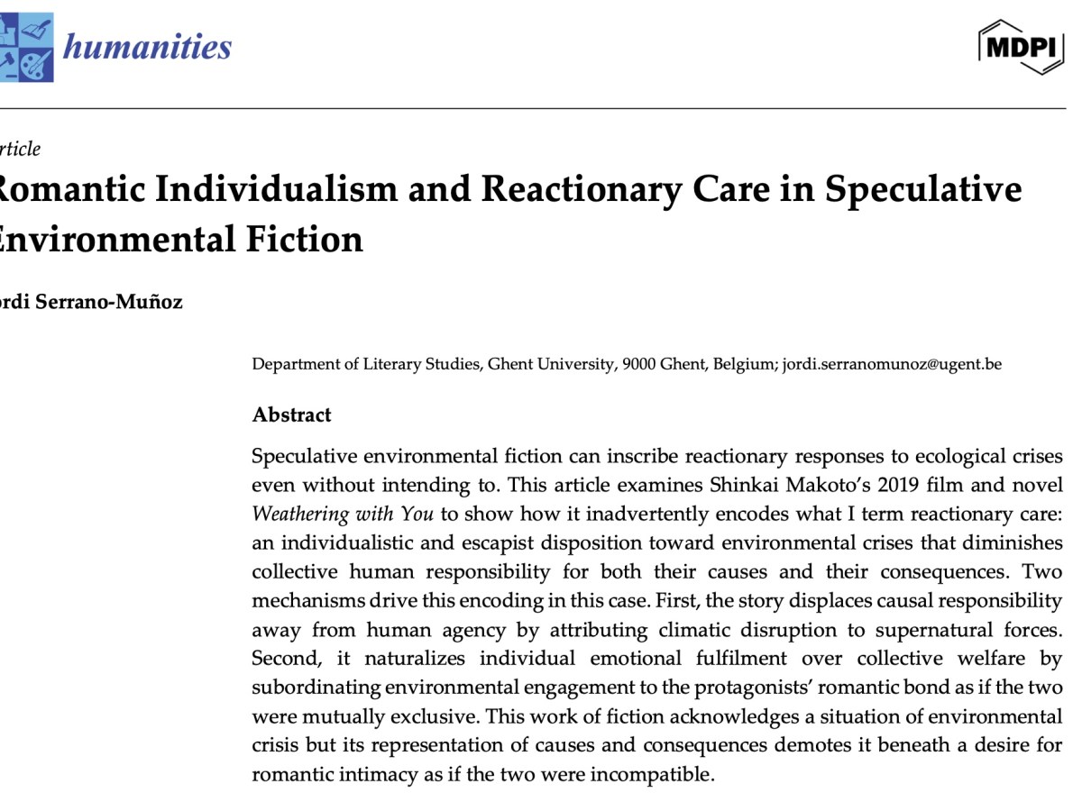 Paper: Romantic Individualism and Reactionary Care in Speculative Environmental&nbsp;Fiction